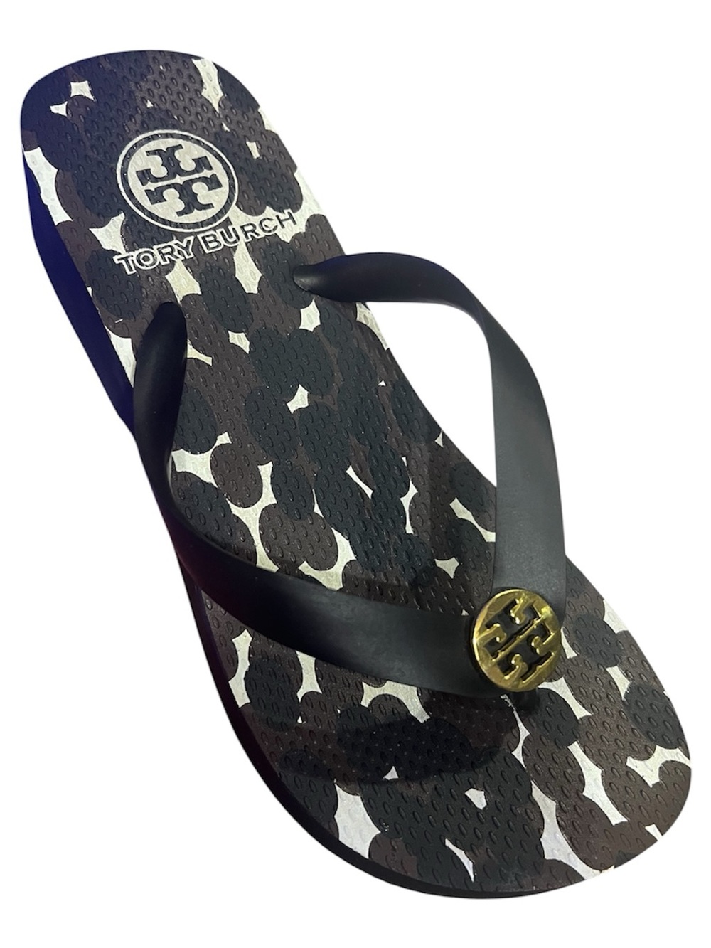 Tory Burch black and white bubble-print flip-flop sandal with a gold-ton size 5